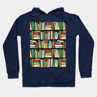 Colorful books // black bookshelf background yellow neon red white and teal books Hoodie